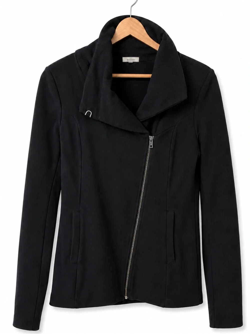 EcoSkin Black Asymmetrical Zip Jacket Convertible Cowl Neck Ponte M